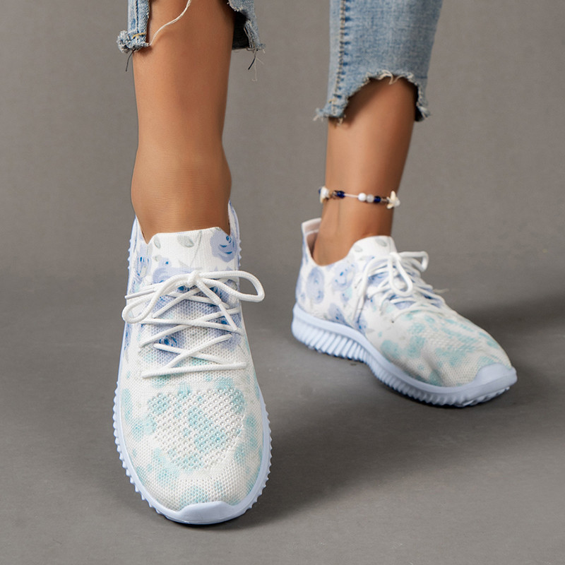 Lucyever Floral print Ροζ πάνινα παπούτσια 2023 Φθινοπωρινά φλατ παπούτσια με δίχτυ που αναπνέουν Γυναικεία ελαφριά αντιολισθητικά παπούτσια για περπάτημα 43