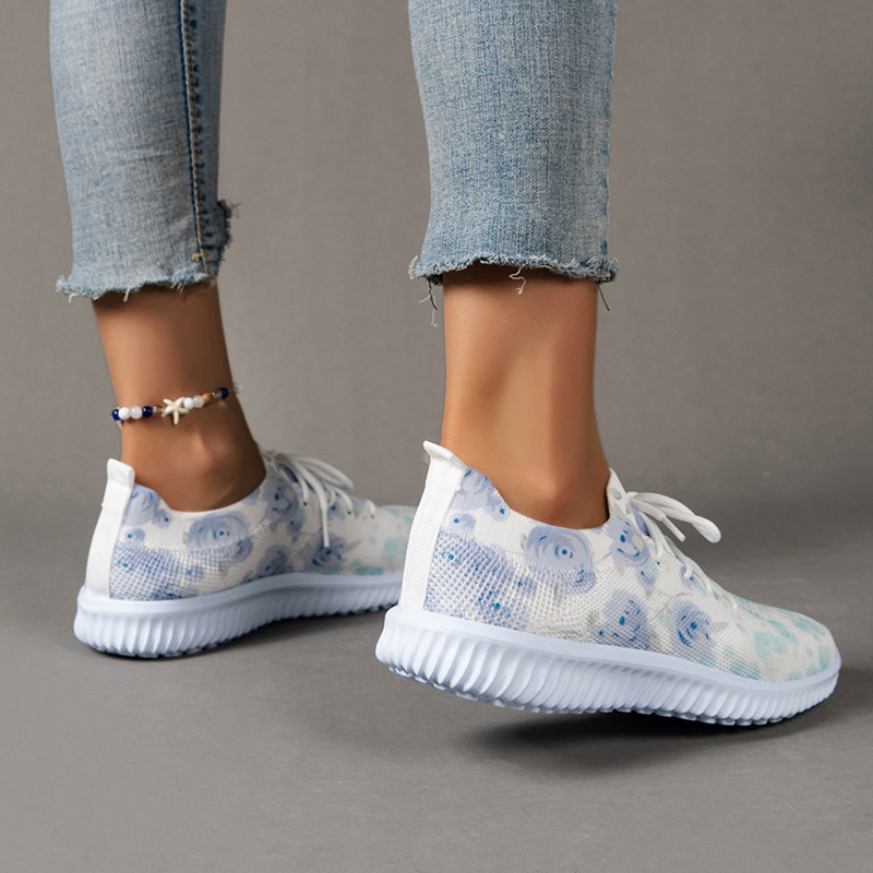 Lucyever Floral print Ροζ πάνινα παπούτσια 2023 Φθινοπωρινά φλατ παπούτσια με δίχτυ που αναπνέουν Γυναικεία ελαφριά αντιολισθητικά παπούτσια για περπάτημα 43