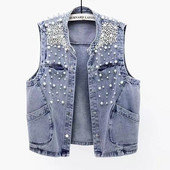 2023 Νέο καλοκαιρινό γυναικείο μπλουζάκι τζιν με χάντρες αμάνικο μπλουζάκι κοψίματος δρόμου Τζιν μπουφάν κορεατικής μόδας φανελάκι