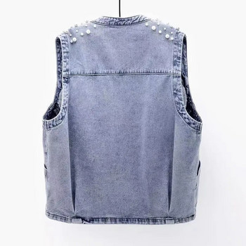 2023 Νέο καλοκαιρινό γυναικείο μπλουζάκι τζιν με χάντρες αμάνικο μπλουζάκι κοψίματος δρόμου Τζιν μπουφάν κορεατικής μόδας φανελάκι