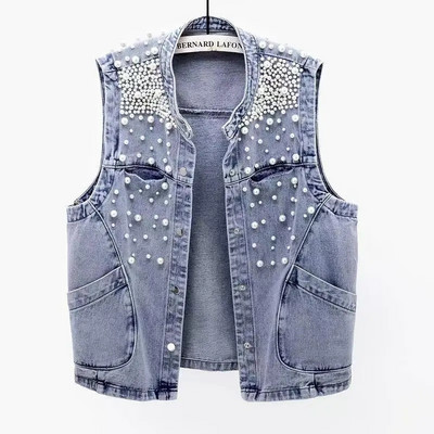 2023 Νέο καλοκαιρινό γυναικείο μπλουζάκι τζιν με χάντρες αμάνικο μπλουζάκι κοψίματος δρόμου Τζιν μπουφάν κορεατικής μόδας φανελάκι