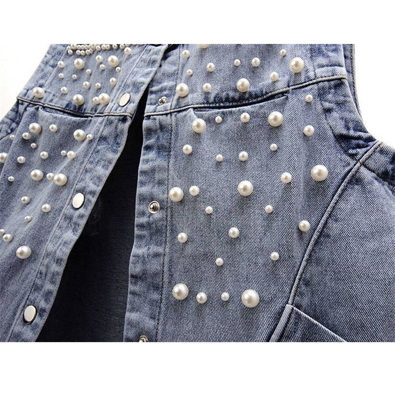 2023 Νέο καλοκαιρινό γυναικείο μπλουζάκι τζιν με χάντρες αμάνικο μπλουζάκι κοψίματος δρόμου Τζιν μπουφάν κορεατικής μόδας φανελάκι