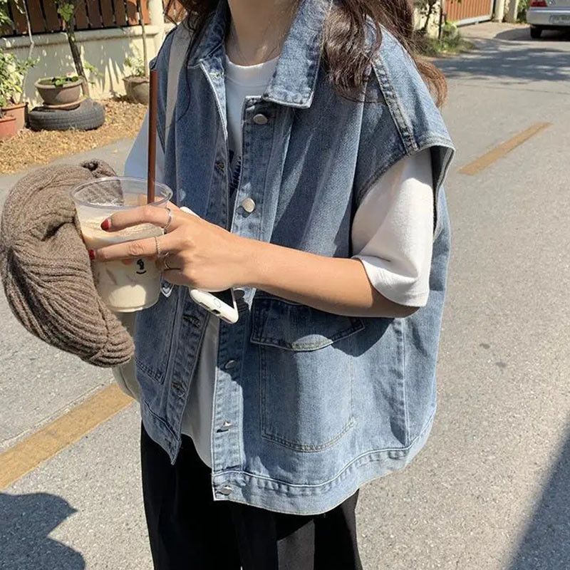 Vintage αμάνικο φαρδύ τζιν γιλέκο ώμου για γυναίκες Ανοιξιάτικο φθινοπωρινό πέτο μονόστορο Jean ζακέτα Απλές καθημερινές μπλούζες με γιλέκο