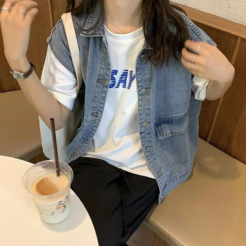 Vintage αμάνικο φαρδύ τζιν γιλέκο ώμου για γυναίκες Ανοιξιάτικο φθινοπωρινό πέτο μονόστορο Jean ζακέτα Απλές καθημερινές μπλούζες με γιλέκο