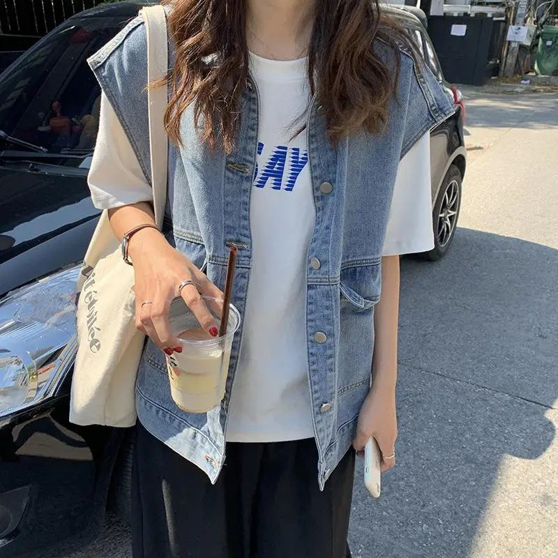 Vintage αμάνικο φαρδύ τζιν γιλέκο ώμου για γυναίκες Ανοιξιάτικο φθινοπωρινό πέτο μονόστορο Jean ζακέτα Απλές καθημερινές μπλούζες με γιλέκο