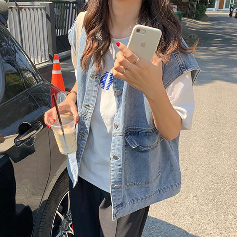 Vintage αμάνικο φαρδύ τζιν γιλέκο ώμου για γυναίκες Ανοιξιάτικο φθινοπωρινό πέτο μονόστορο Jean ζακέτα Απλές καθημερινές μπλούζες με γιλέκο