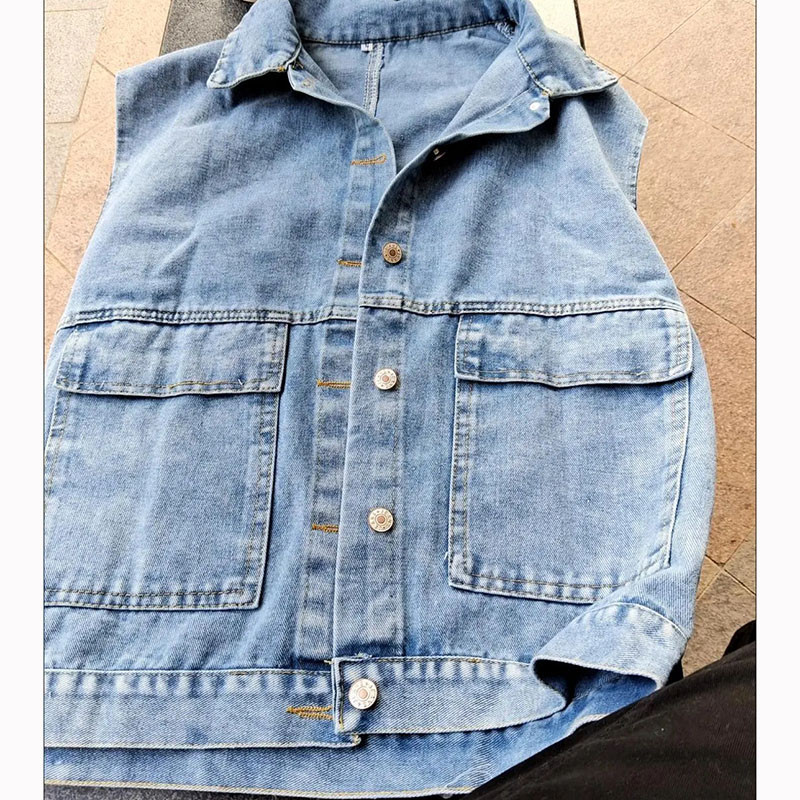 Vintage αμάνικο φαρδύ τζιν γιλέκο ώμου για γυναίκες Ανοιξιάτικο φθινοπωρινό πέτο μονόστορο Jean ζακέτα Απλές καθημερινές μπλούζες με γιλέκο