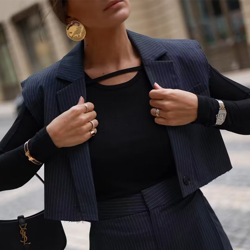 Γυναικείο κομψό γιλέκο με σκούρο μπλε ρίγες Κομψό αμάνικο σακάκι Crop σακάκι Chic γυναικείο γιλέκο 2023 Νέο