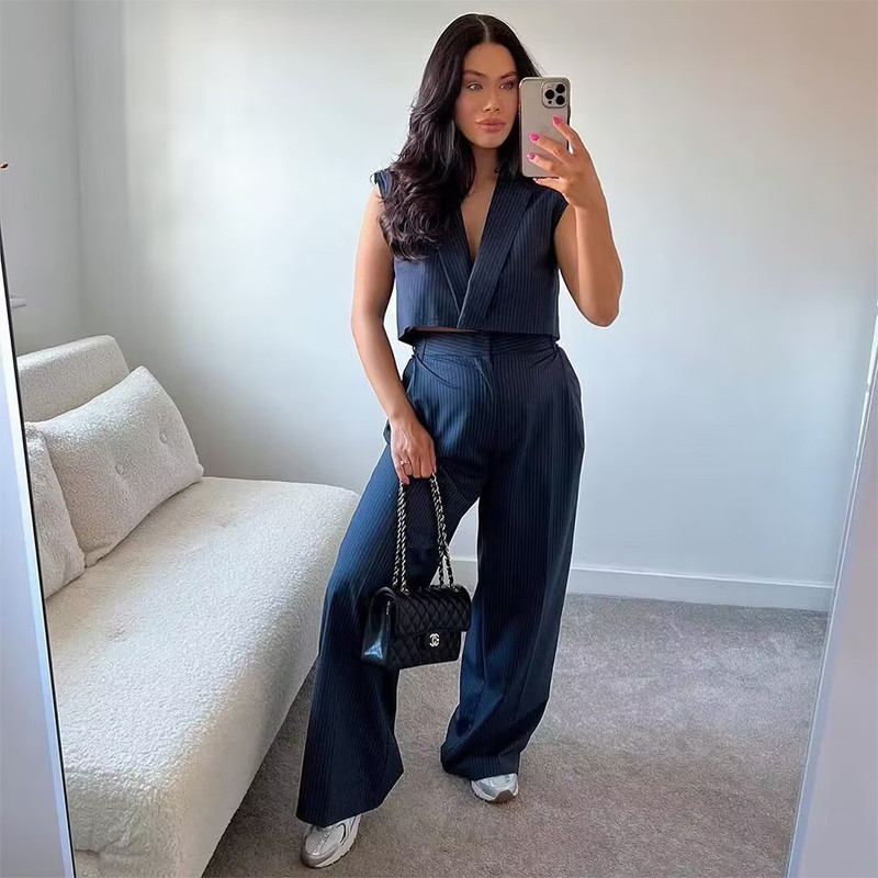 Γυναικείο κομψό γιλέκο με σκούρο μπλε ρίγες Κομψό αμάνικο σακάκι Crop σακάκι Chic γυναικείο γιλέκο 2023 Νέο