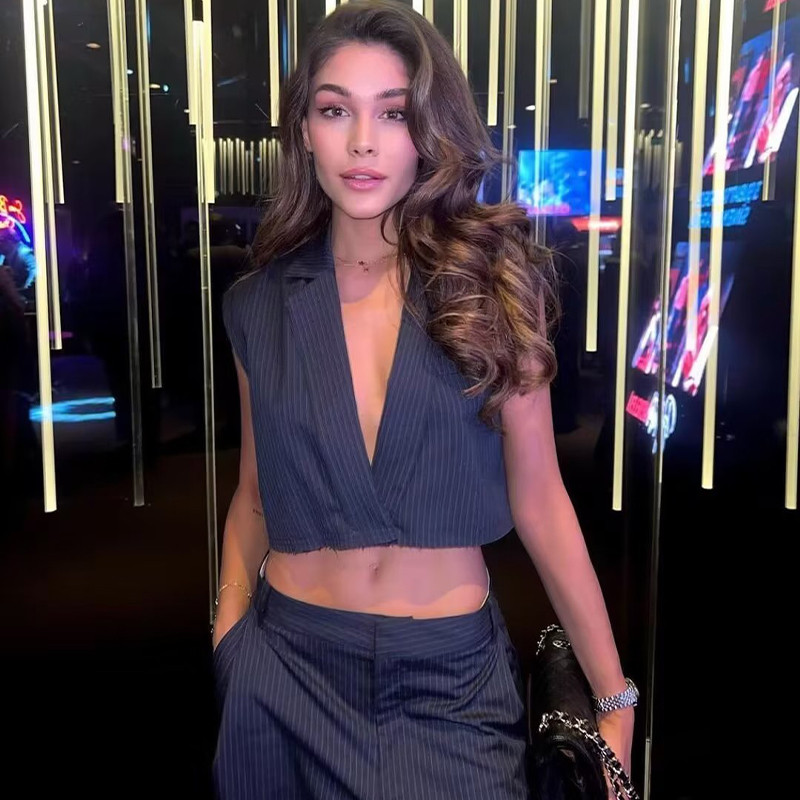 Γυναικείο κομψό γιλέκο με σκούρο μπλε ρίγες Κομψό αμάνικο σακάκι Crop σακάκι Chic γυναικείο γιλέκο 2023 Νέο