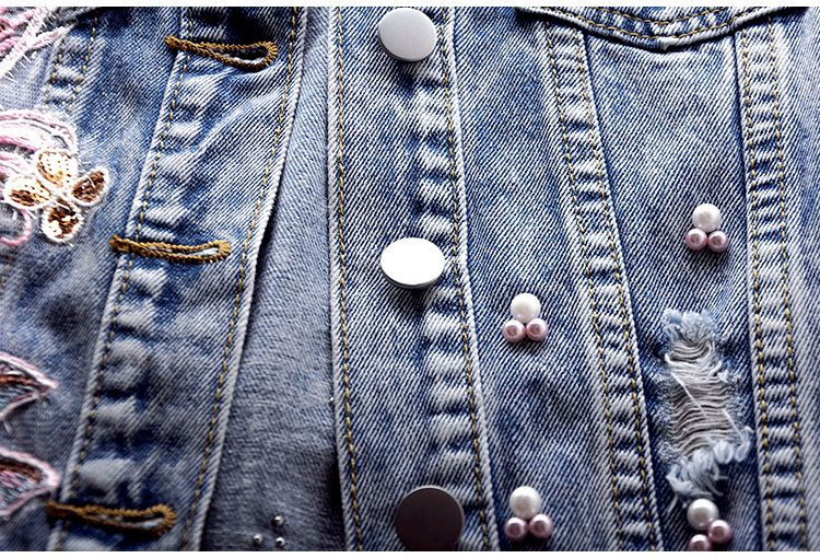 Φοιτητικό γιλέκο 2023 Λεπτό κοντό σακάκι κέντημα λουλούδια Αμάνικο τζιν γιλέκο Γυναικείο με χάντρες γιλέκο τρύπα Τζιν γιλέκο παλτό κορίτσι