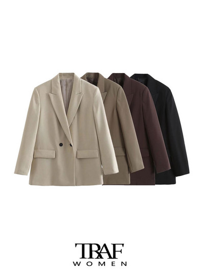 TRAF Női Divatos, kétsoros, bő szabású blézerkabát Vintage hosszú ujjú zsebek Női felsőruházat Elegáns Veste Femme