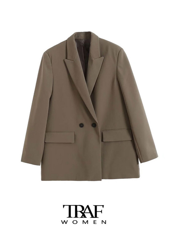 Γυναικεία TRAF Fashion Double Breasted Loose Εφαρμογή Παλτό Blazer Vintage μακρυμάνικο τσέπες Γυναικεία πανωφόρια Chic Veste Femme