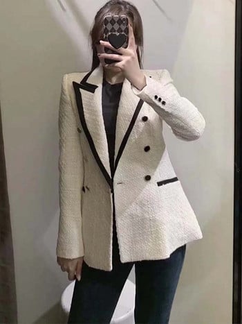 Traf 2023 Tweed Blazer Women Contrast Κομψό Γυναικείο Μπλέιζερ Γραφείου Παλτό Διπλό Εφαρμοσμένο Παλτό Μακρυμάνικο Φθινοπωρινό μπουφάν