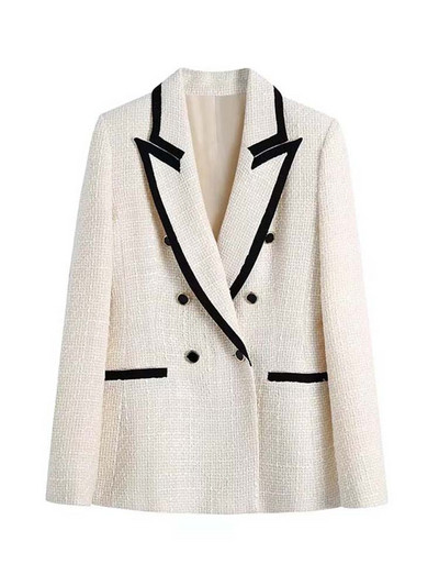 Traf 2023 Tweed Blazer Women Contrast Κομψό Γυναικείο Μπλέιζερ Γραφείου Παλτό Διπλό Εφαρμοσμένο Παλτό Μακρυμάνικο Φθινοπωρινό μπουφάν