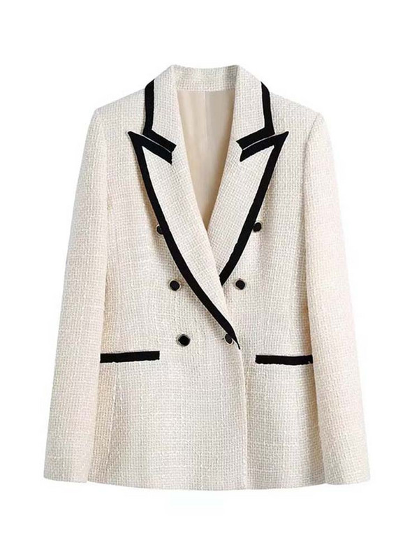 Traf 2023 Tweed Blazer Women Contrast Κομψό Γυναικείο Μπλέιζερ Γραφείου Παλτό Διπλό Εφαρμοσμένο Παλτό Μακρυμάνικο Φθινοπωρινό μπουφάν