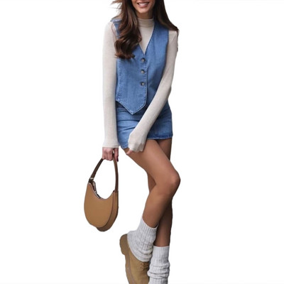 Reachlight Γυναικείο αμάνικο τζιν γιλέκο μοντέρνο V λαιμόκοψη κάτω Τζιν μπουφάν Καλοκαιρινό Φθινόπωρο Streetwear Partywear