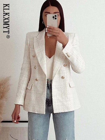 Klkxmyt női dzseki 2023 tavaszán, divatos, duplasoros tweed blézerkabát, vintage, hosszú ujjú női felsőruházat, elegáns felső