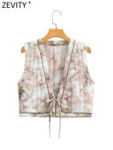 Zevity Γυναικεία Μόδα V λαιμόκοψη Βαφή φλοράλ στάμπα Βαμβακερό κοντό γιλέκο Μπουφάν γραφείο Γυναικείο αμάνικο δαντέλα γιλέκο Κομψά μπλουζάκια CT4770