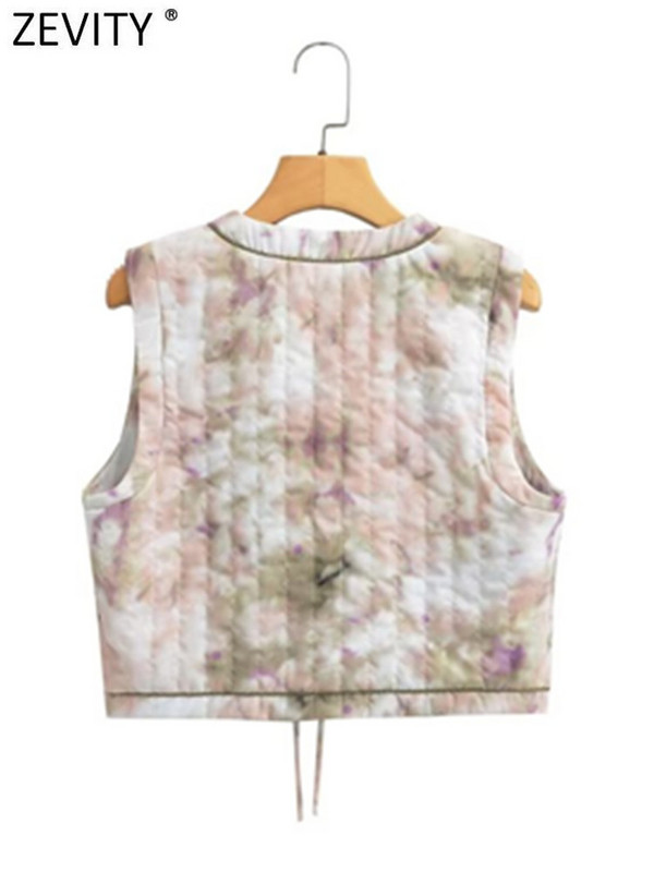 Zevity Γυναικεία Μόδα V λαιμόκοψη Βαφή φλοράλ στάμπα Βαμβακερό κοντό γιλέκο Μπουφάν γραφείο Γυναικείο αμάνικο δαντέλα γιλέκο Κομψά μπλουζάκια CT4770