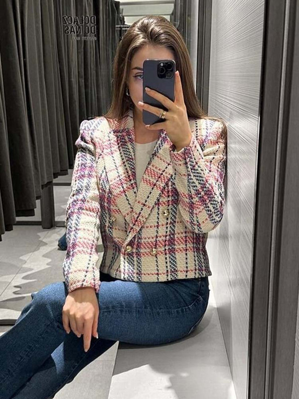 KLKXMYT TRAF Blazers Ženska jakna 2023. Modni skraćeni blejzer kaput od tvida dugih rukava s dvostrukim kopčanjem Novo u gornjoj odjeći