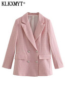 KLKXMYT TRAF Tweed Blazer Γυναικείο με διπλό στήθος Κομψό γυναικείο σακάκι γραφείου casual φθινοπωρινό μπουφάν Γυναικείο μακρυμάνικο μπουφάν