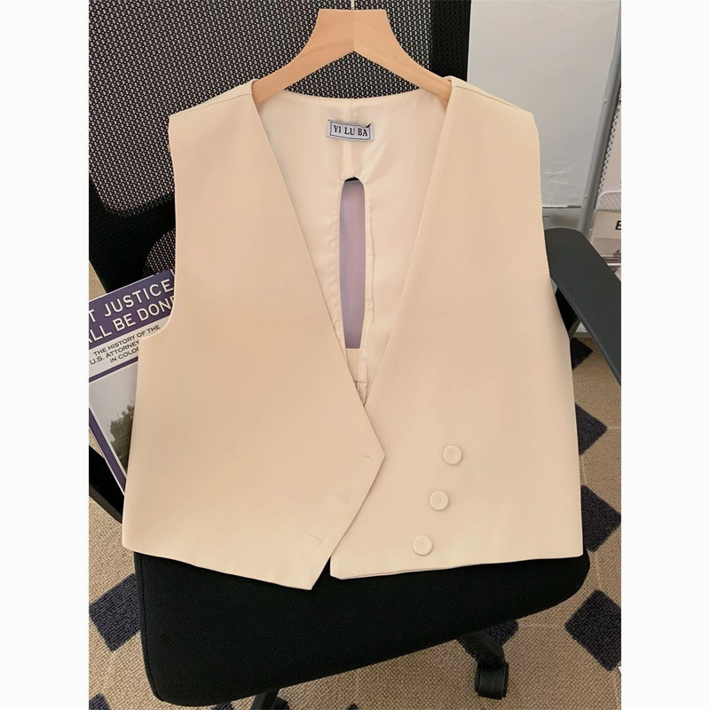 Γυναικείο γιλέκο με αγκράφα στη μέση με λαιμόκοψη αμάνικο γυναικείο τζάκετ 2023