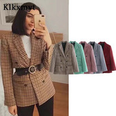 Klkxmyt Traf Blazer Γυναικείο 2023 Φθινοπωρινό Houndstooth Διπλό Μπλέιζερ Παλτό Vintage μακρυμάνικο Street Γυναικείο μπλουζάκι