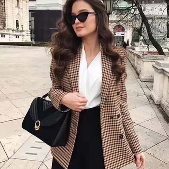 Klkxmyt Traf Blazer Women 2023 Autumn Houndstooth Double Rededed Blazers Палто Винтидж Улично женско яке с дълъг ръкав