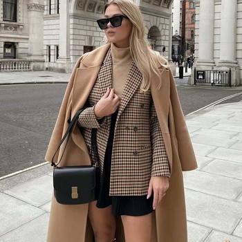 Klkxmyt Traf Blazer Women 2023 Autumn Houndstooth Double Rededed Blazers Палто Винтидж Улично женско яке с дълъг ръкав