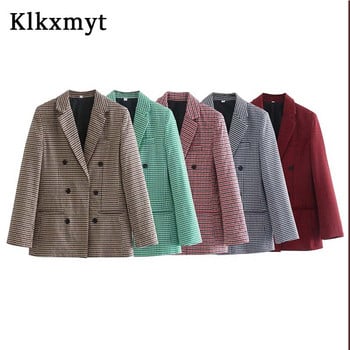 Klkxmyt Traf Blazer Women 2023 Autumn Houndstooth Double Rededed Blazers Палто Винтидж Улично женско яке с дълъг ръкав