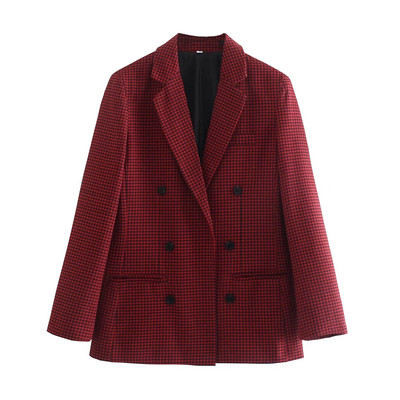 Klkxmyt Traf Blazer Γυναικείο 2023 Φθινοπωρινό Houndstooth Διπλό Μπλέιζερ Παλτό Vintage μακρυμάνικο Street Γυναικείο μπλουζάκι