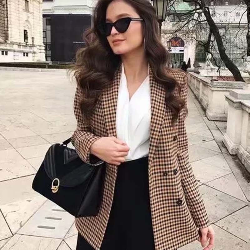 Klkxmyt Traf Blazer Γυναικείο 2023 Φθινοπωρινό Houndstooth Διπλό Μπλέιζερ Παλτό Vintage μακρυμάνικο Street Γυναικείο μπλουζάκι