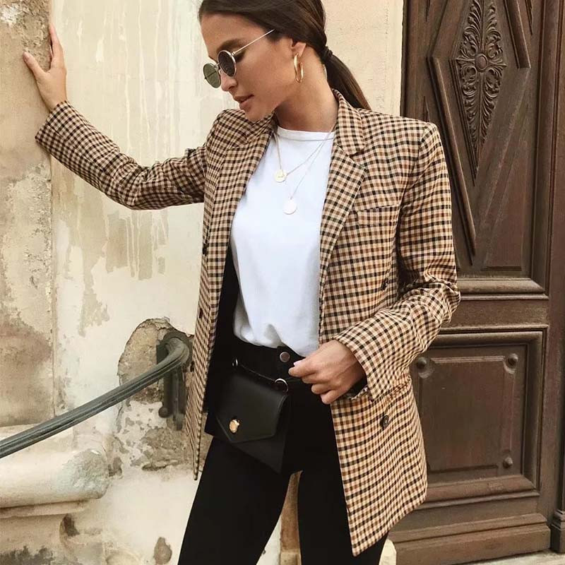 Klkxmyt Traf Blazer Γυναικείο 2023 Φθινοπωρινό Houndstooth Διπλό Μπλέιζερ Παλτό Vintage μακρυμάνικο Street Γυναικείο μπλουζάκι