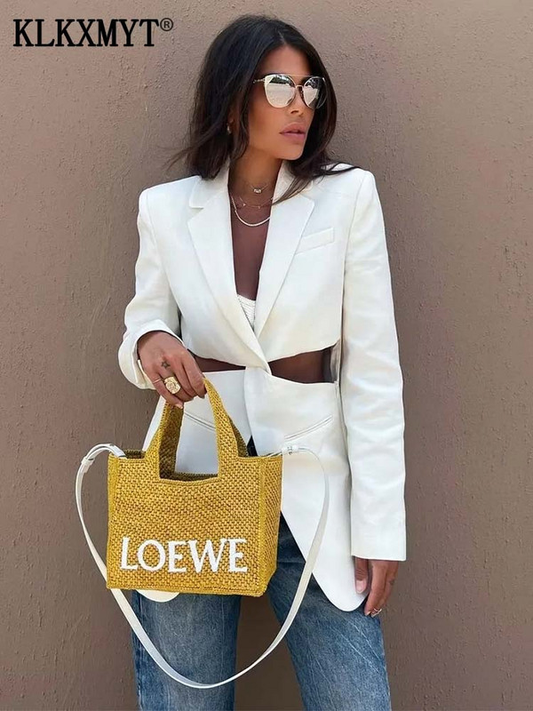 TRAF Off White Blazers Γυναικεία 2023 Fashion Hollow Κομψό μακρυμάνικο μπλέιζερ Γυναικείο μακρυμάνικο top Vintage φαρδύ σακάκι Streetwear