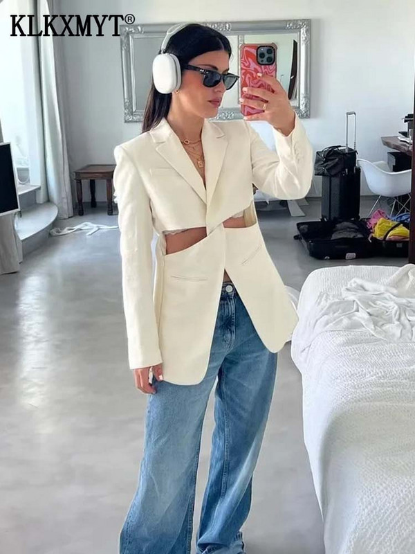 TRAF Off White Blazers Γυναικεία 2023 Fashion Hollow Κομψό μακρυμάνικο μπλέιζερ Γυναικείο μακρυμάνικο top Vintage φαρδύ σακάκι Streetwear
