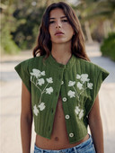 Κέντημα με λουλούδια κομμένο γιλέκο για γυναίκες Vintage μονό στήθος αμάνικο μπλουζάκι με λαιμόκοψη 2023 Summer Lady Chic γιλέκο διακοπών