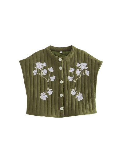 Κέντημα με λουλούδια κομμένο γιλέκο για γυναίκες Vintage μονό στήθος αμάνικο μπλουζάκι με λαιμόκοψη 2023 Summer Lady Chic γιλέκο διακοπών