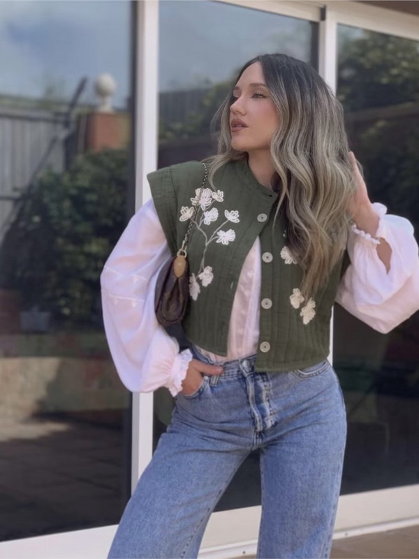 Κέντημα με λουλούδια κομμένο γιλέκο για γυναίκες Vintage μονό στήθος αμάνικο μπλουζάκι με λαιμόκοψη 2023 Summer Lady Chic γιλέκο διακοπών