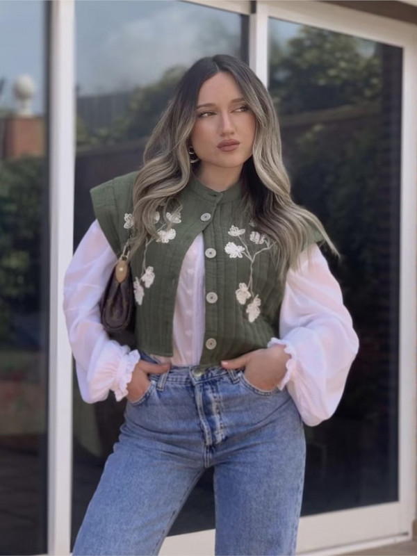 Κέντημα με λουλούδια κομμένο γιλέκο για γυναίκες Vintage μονό στήθος αμάνικο μπλουζάκι με λαιμόκοψη 2023 Summer Lady Chic γιλέκο διακοπών