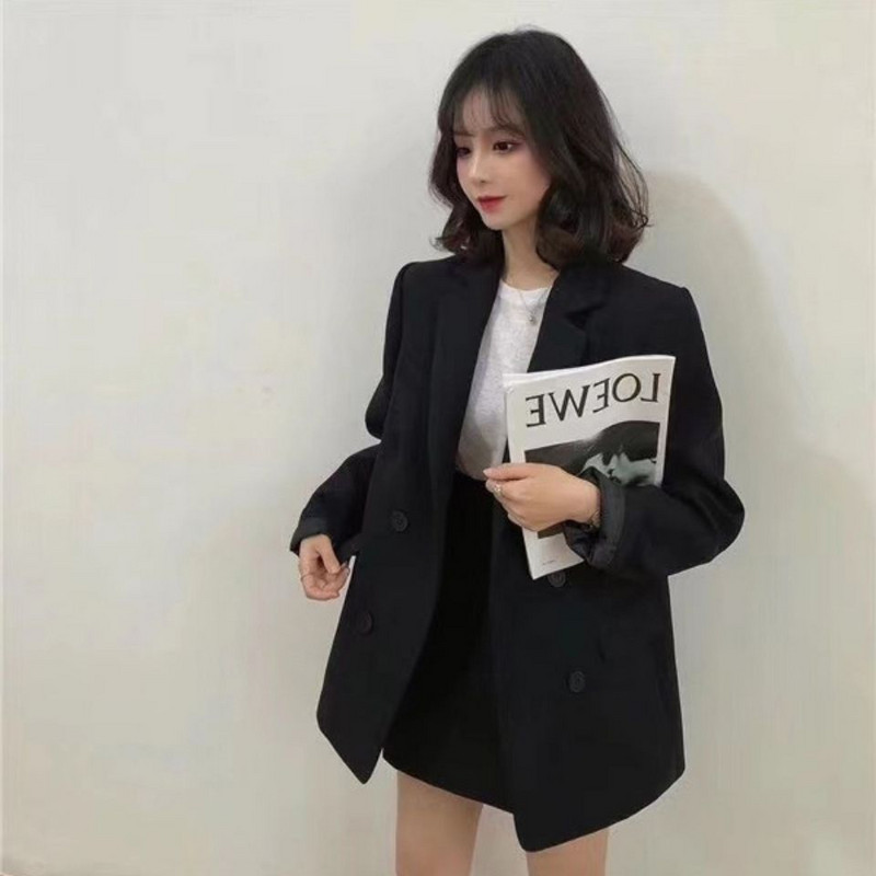 Blazers Women Double Breasted Solid Minimalist Loose Autumn Outwear Office Γυναικεία ιδιοσυγκρασία Basic All-match Cozy High Street Ins
