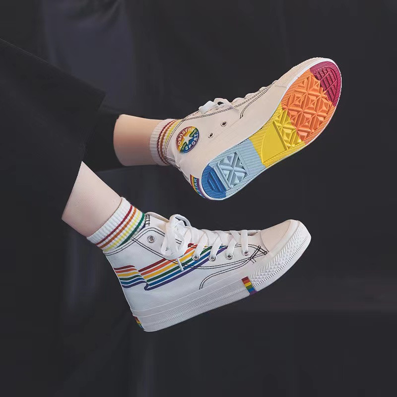 Visoke platnene cipele za žene Djevojke Studentske platnene cipele Ljeto 2021 Ins modne tenisice Bijele dugine Vulkan ženske cipele