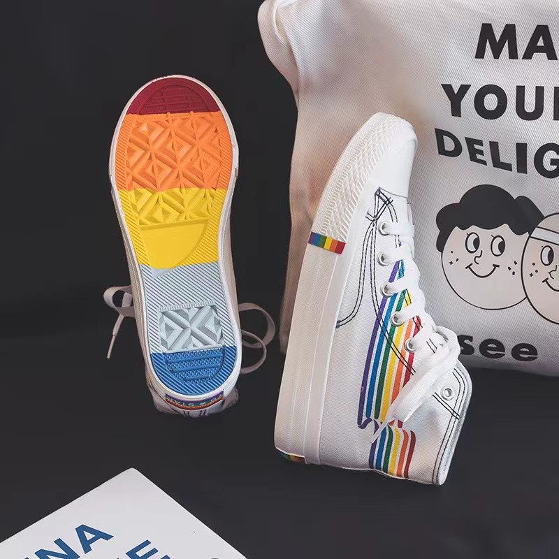 Visoke platnene cipele za žene Djevojke Studentske platnene cipele Ljeto 2021 Ins modne tenisice Bijele dugine Vulkan ženske cipele