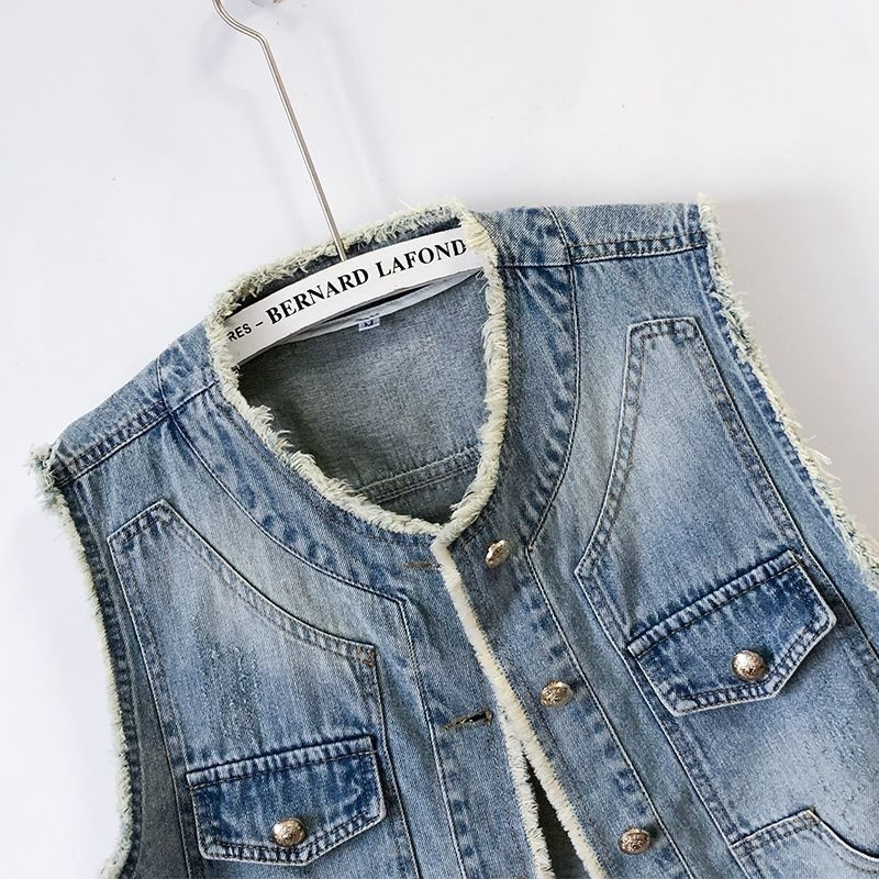 2023 Άνοιξη Καλοκαίρι Νέο vintage μπλε τζιν γιλέκο Γυναικείο Κοντό cawboy γιλέκο O λαιμό Αμάνικο γιλέκο Τζιν μπουφάν Γυναικείο