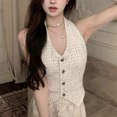 Γυναικείο κοντό μπλουζάκι γυαλιστερό βαμβακερό λινό με βαθύ λαιμόκοψη σε V λαιμόκοψη, αμάνικο γυναικείο γιλέκο με κουμπιά 2023 Νέα μόδα Sweetheart Lady Clothing