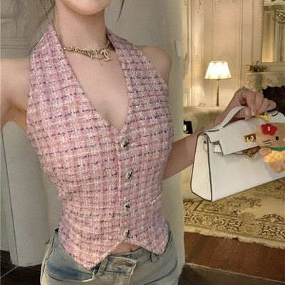 Γυναικείο κοντό μπλουζάκι γυαλιστερό βαμβακερό λινό με βαθύ λαιμόκοψη σε V λαιμόκοψη, αμάνικο γυναικείο γιλέκο με κουμπιά 2023 Νέα μόδα Sweetheart Lady Clothing