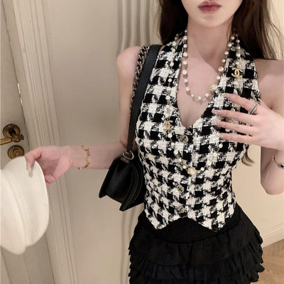 Γυναικείο κοντό μπλουζάκι γυαλιστερό βαμβακερό λινό με βαθύ λαιμόκοψη σε V λαιμόκοψη, αμάνικο γυναικείο γιλέκο με κουμπιά 2023 Νέα μόδα Sweetheart Lady Clothing