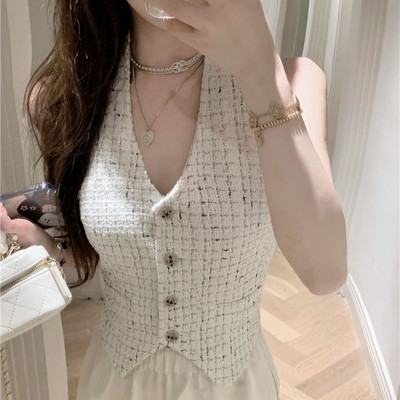 Γυναικείο κοντό μπλουζάκι γυαλιστερό βαμβακερό λινό με βαθύ λαιμόκοψη σε V λαιμόκοψη, αμάνικο γυναικείο γιλέκο με κουμπιά 2023 Νέα μόδα Sweetheart Lady Clothing