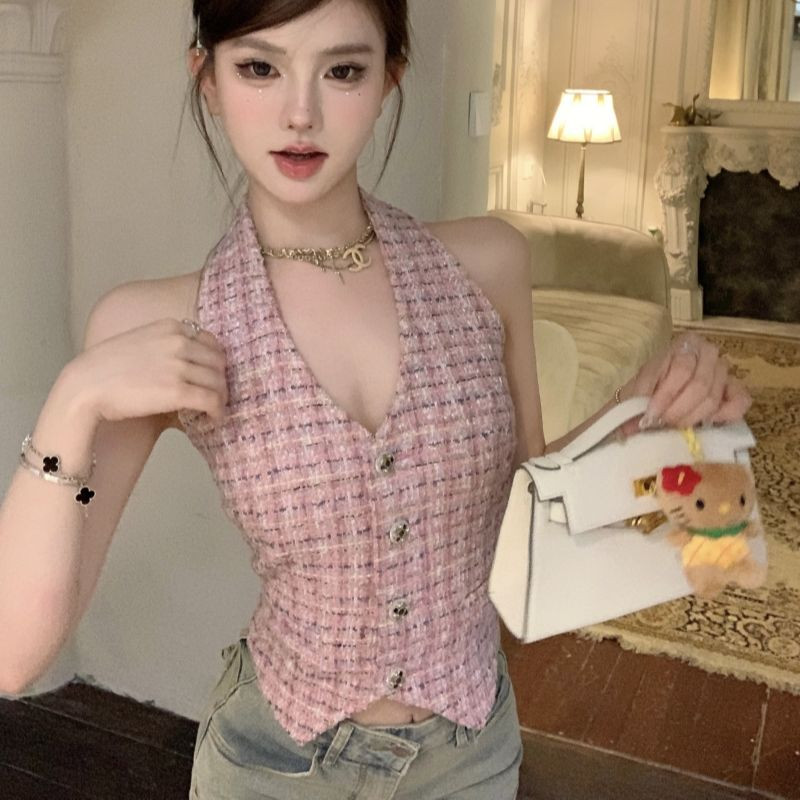 Γυναικείο κοντό μπλουζάκι γυαλιστερό βαμβακερό λινό με βαθύ λαιμόκοψη σε V λαιμόκοψη, αμάνικο γυναικείο γιλέκο με κουμπιά 2023 Νέα μόδα Sweetheart Lady Clothing