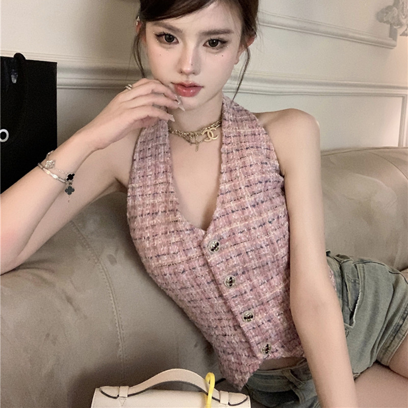 Γυναικείο κοντό μπλουζάκι γυαλιστερό βαμβακερό λινό με βαθύ λαιμόκοψη σε V λαιμόκοψη, αμάνικο γυναικείο γιλέκο με κουμπιά 2023 Νέα μόδα Sweetheart Lady Clothing